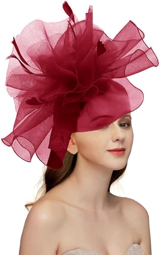 Women's Fascinators Hat for Women Tea Party Headband Wedding Cocktail Flower Mesh Feathers Hair Clip - color: 01 Winered