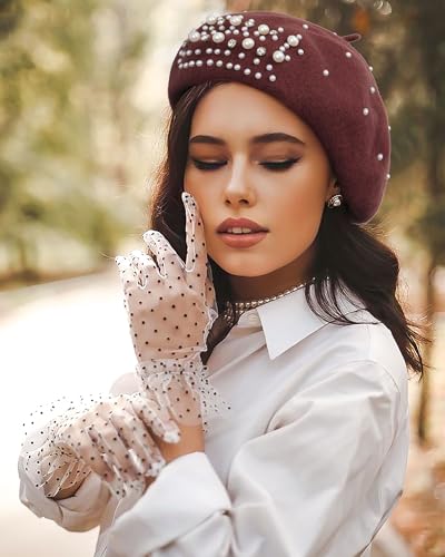AWAYTR French Beret with Pearls & Rhinestones, Wool Beanie Hat for Women - color: Coffee