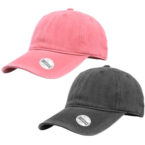 Falari Vintage Washed Cotton Baseball Caps, Original Classic Adjustable Size Low Profile Unconstructed Distressed Dad Hat - color: 2pk - Black & Pink