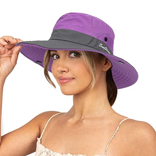 Sun Hat for Women Summer UV Protection Beach Hat with Ponytail Hole - color: Purple(with Ponytail Hole)