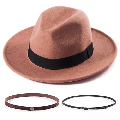 Felt Wide Brim Fedora Hats for Women Men, with Band Belt Buckle, Adjustable - color: 013 Camel