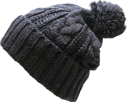 KBETHOS Women's Winter Warm Thick Oversize Knitted Beanie Hat with Pom Pom - color: Dark Gray Cable Knit Pom Beanie