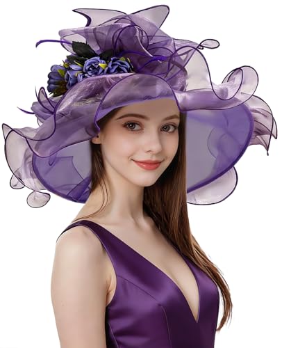 Organza Church Derby Hats for Women Wedding Tea Party Fascinator Floral Wide Brim Sun Hat - color: Style06 Dark Purple