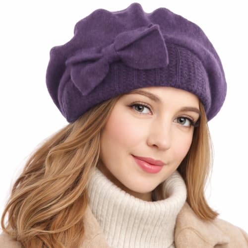 VECRY Women's 100% Wool Bucket Hat Felt Cloche Beret Dress Winter Beanie Hats - color: Beret-purple