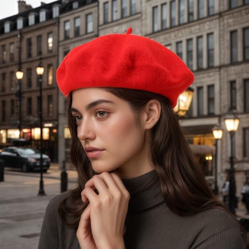 French Beret Hats for Women - Classic Wool Beret Hats Soft Knit Winter Cloche for Daily Outfits - color: Red