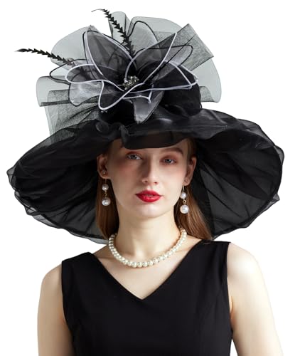 Women Organza Derby Hat Fascinator Tea Party Wedding Church Derby Hat Fascinator Hats Dual-use - color: 02a Black