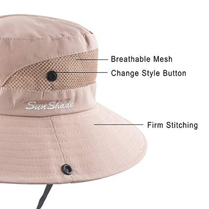 Muryobao Women's Ponytail Sun Hat UV Protection Foldable Mesh Wide Brim Beach Fishing Hat - color: Pure Pink