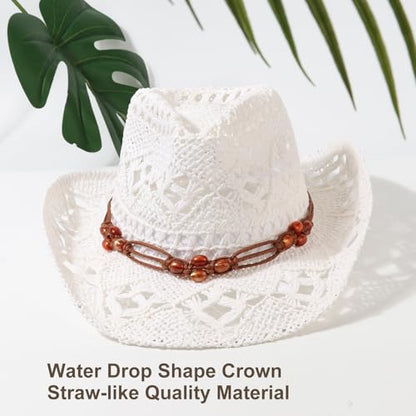 AQOKKA Straw Cowboy Hats for Women Men Western Cowgirl Hats with Shapeable Brim Woven Hollow Out Unisex Beach Roll Up Caps - color: Brown Beads Cowboy Hat : White