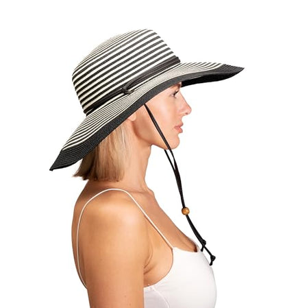 Sloggers Women's Wide Brim Braided Sun Hat with Wind Lanyard - UPF 50+ Maximum Sun Protection - color: Black White