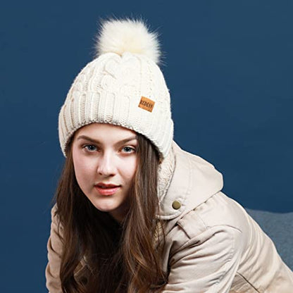 REDESS Women Winter Pompom Beanie Hat with Warm Fleece Lined Thick Slouchy Snow Knit Hat Skull Ski Cap - color: Dark Pink