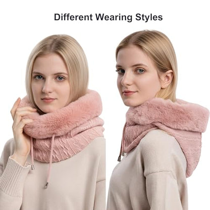 HUAMULAN Women Cable Knit Balaclavas Winter Fleece Lined Beanie Hat - color: Pink