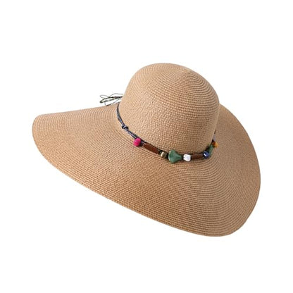 Lanzom Womens Wide Brim Straw Hat Big Floppy Foldable Roll up Cap Beach Sun Hat UPF 50+ - color: Rainbow Bead-khaki
