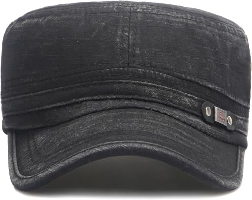 Initlove Cadet Caps for Men Washed Cotton Military Army Cap Flat Top Hat for Women - color: Black