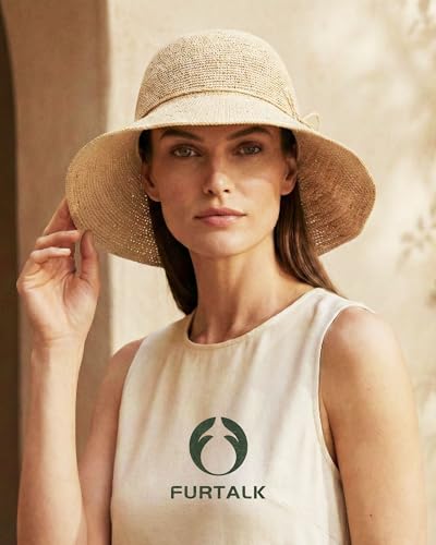 FURTALK Beach Sun Hat for Women Foldable Packable Handmade Straw Hats Sun Protection Floppy Travel Essentials - color: Beige, size: Medium-Large