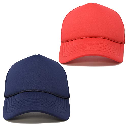 DALIX Solid Blank Trucker Hats Caps 2 Pack - color: Red and Navy Blue