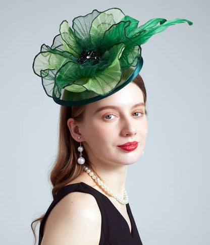 Women Organza Derby Hat Fascinator Tea Party Wedding Church Derby Hat Fascinator Hats Dual-use - color: 02e Green