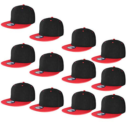 Falari Wholesale 12 Pack Snapback Hat Cap Hip Hop Style Flat Bill Blank Solid Color Adjustable Size - color: 12-pack Black/Red