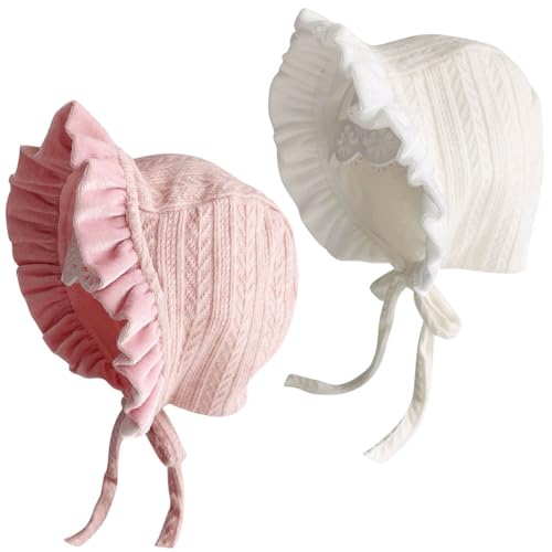 Lovely Baby Girl Bonnet Soft Ruffle Brimmed Newborn Baby Beanie - color: Pink+white