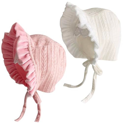 Lovely Baby Girl Bonnet Soft Ruffle Brimmed Newborn Baby Beanie - color: Pink+white