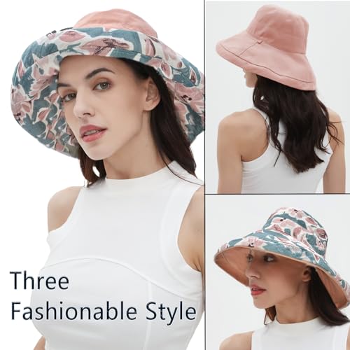 vidsel Womens Sun Hats Wide Brim Reversible Bucket Cotton Hat with Hat Clip - color: Pink, size: Medium