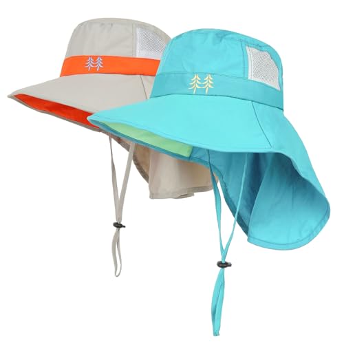 Kids Sun Hats UPF 50+ Sun Protection Hat for Kids with Neck Flap Adjustable Large Brim Beach Fishing Hat for Age 3-12 - color: Sky Blue+grey