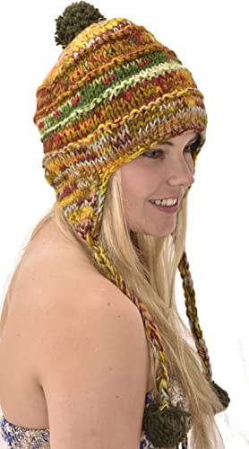 Hand Knitted 100% Merino Wool Ear Flap Snowboard Ski Chullo Peruvian Style Nepal Himalayan Sherpa Earflap Fleece Lined Winter Beanie Hat