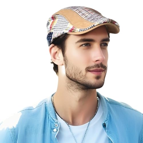 Cabbie Hats for Men Summer,Cotton Beret Newsboy Hat Ivy Gatsby Adjustable Flat Cap Beret for Driving - color: Cotton -Khaki B