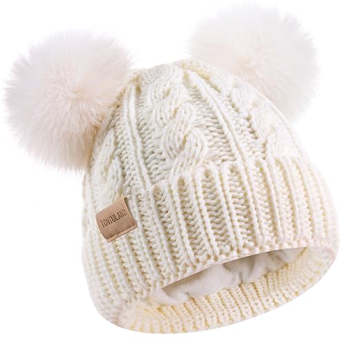 Kids Winter Beanie Children’s Warm Knitted Fleece Lined Ski Pom-Pom Hat for Boys & Girls 3-9 Years - color: White