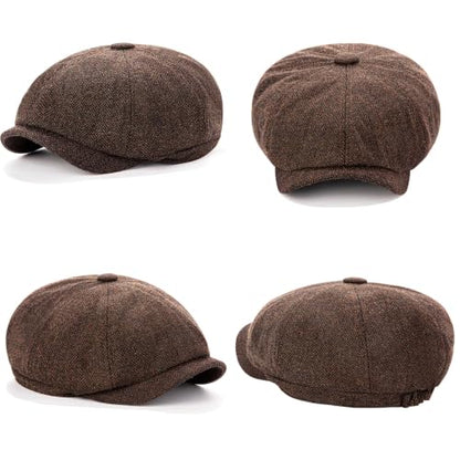 Men's Wool Newsboy Cap 8-Panel Tweed Taxi Hat Herringbone Gatsby Flat Hats - color: D-coffee