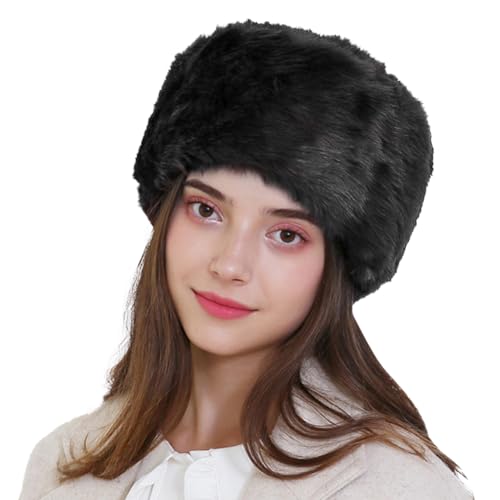 Unisex Russian Ushanka Cossack Trapper Hat Faux Rabbit Fur Trooper Hat Fuzzy Furry Hunting Cap Winter Outdoor Warm Skiing Cap - color: Black