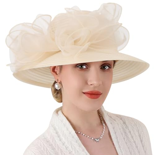 DRESHOW Lady Derby Dress Church Bowler Cloche Hat Bowknot Organza Bridal Cap for Wedding - color: 1 Pack Bowler Hat: Beige