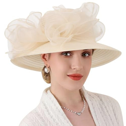DRESHOW Lady Derby Dress Church Bowler Cloche Hat Bowknot Organza Bridal Cap for Wedding - color: 1 Pack Bowler Hat: Beige