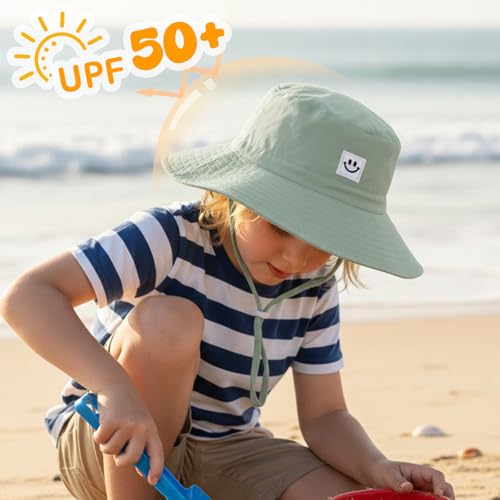 Kids Sun Hat Smile Face Bucket Hat Toddler Hat Wide Brim Adjustable Strap - color: Pea Green, size: 3-8T