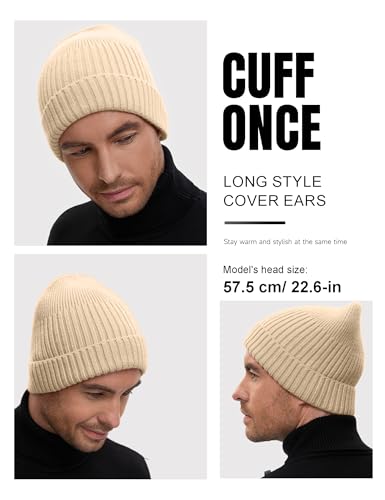 vidsel 50% Wool Double Cuff Beanie Hat for Men Women, Warm Winter Knit Cap - color: Apricot