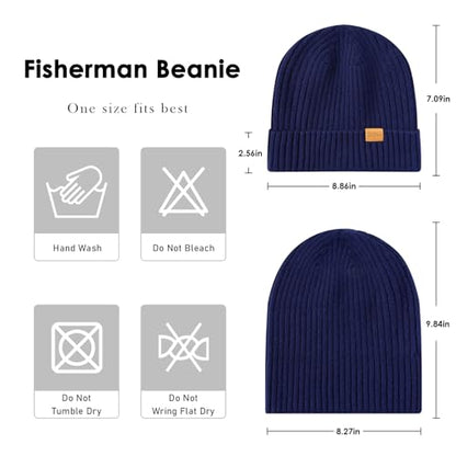 100% Merino Wool Fisherman Beanie Hat, Unisex Warm Winter Hats, Soft Breathable Knitted Short Cuffed Cap - color: Dark Blue