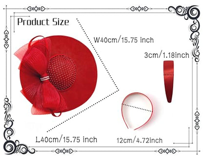dressfan Wide Brim Fascinator Hats for Women,20s Linen Rhinestones Bow Big Hat for Derby Church Wedding Tea Party - color: Red