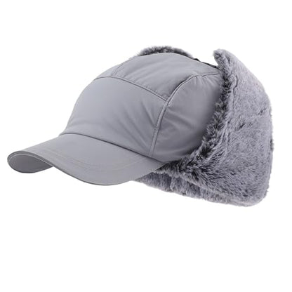 Home Prefer Waterproof Mens Faux Fur Trooper Trapper Hat Hunting Warm Winter Hat with Ear Flaps Visor Face Mask - color: Grey