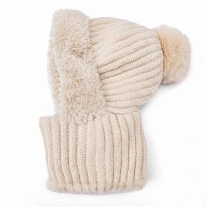 HUAMULAN Women Winter Knit Beanie Hats One Piece Fleece Lined Balaclavas - color: Beige + Faux Fur