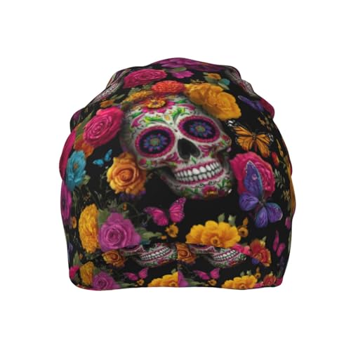 Slouchy Beanie Hat Skull Cap Chemo Headwear Baggy Hats for Men Women Running Cycling - color: Mexican Skull Flowers