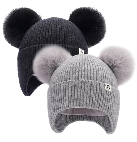 FURTALK Baby Winter Hat Pom Pom Beanie with Fleece Lined Toddler Warm Cap - color: Black+gray, size: 0-6 Months