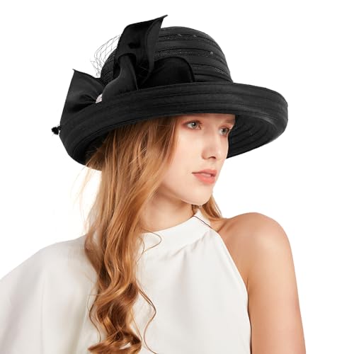 Haoohu Women's Church Derby Hat Wide Brim Bow Bucket Hat Wedding Dress Hat Fascinator Bridal Tea Party Hat - color: Rb Black
