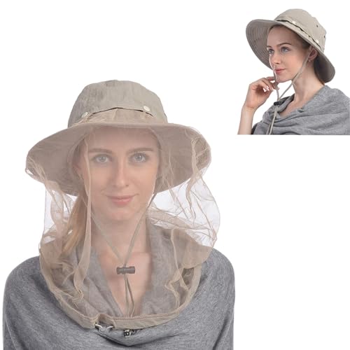USHAKE Head Net Hat, Safari Hat Sun Hat Bucket Hat with Hidden Net Mesh - color: Khaki