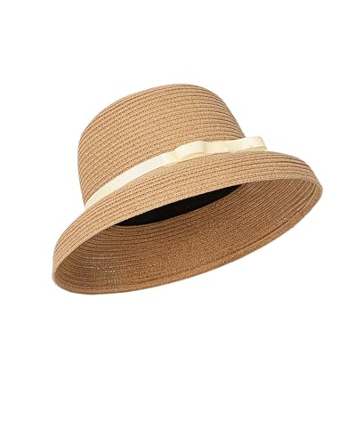 Sun Hats for Women Summer Beach Hat for Women with UV Sun Protection Large Straw Hats for Women with Strap - color: Khaki+smallbrimbowknot