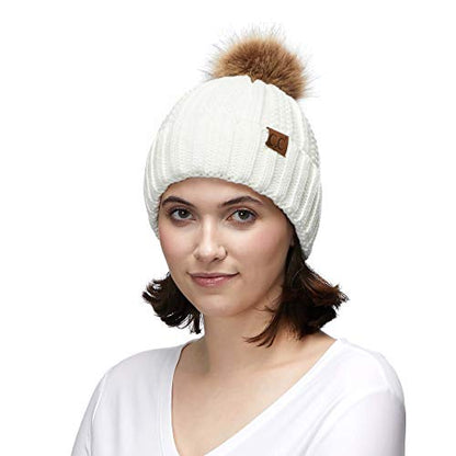 C.C Exclusives Fuzzy Lined Knit Fur Pom Beanie Hat (YJ-820) - color: Ivory