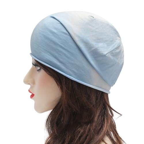 ZLYC Cotton Thin Slouchy Beanie Hat for Men Women Stretch Skull Cap - color: Tie Dyed Light Blue, size: One Size