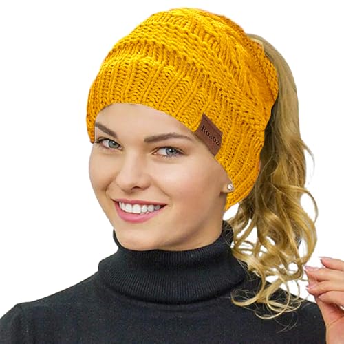Rosoz 2 Pack Ponytail Beanie for Women,Winter Warm Beanie Tail Soft Stretch Cable Knit Messy High Bun Hat - color: 1pack-yellow