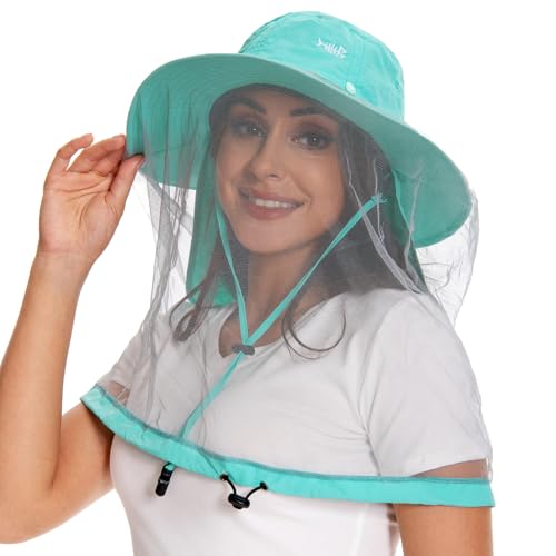 BASSDASH UPF 50+ Mosquito Sun Hat with Hidden Head Net and Neck Flap for Men Women Outdoor Fishing Hiking Camping - color: Turquoise