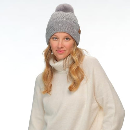 C.C Sequin Pom Beanie for Women - Acrylic Stretchable Soft Warm Knit Winter Skully Hat with Yarn Pom - color: Angora-grey