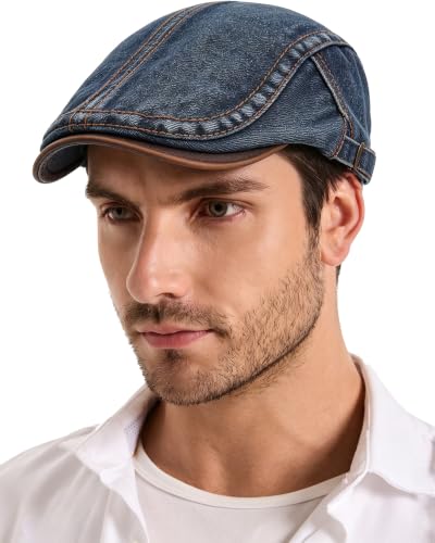 ZLYC Men Cotton Flat Cap Summer Scally Newsboy Beret Driver Hat - color: Denim Navy