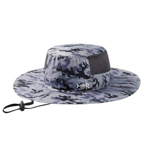BASSDASH UPF 50+ Fishing Sun Hat Water Resistant Unisex Wide Brim Bucket Boonie Hat for Hiking Camping Safari FH15 - color: Storm Camo, size: Medium